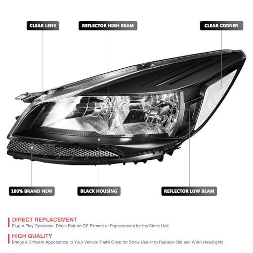 DNA MOTORING Headlight Assembly Compatible With 2013-2016 Ford Escape, Driver & Passenger Side, Black/Clear, HL-OH-FESC13-BK-CL1 - color: Black clear