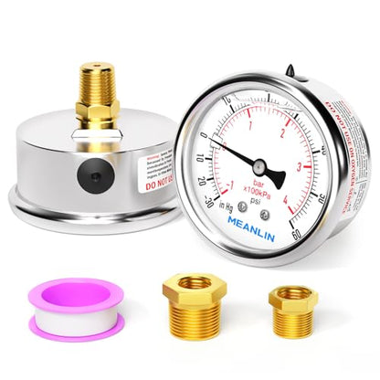 MEANLIN MEASURE -30inHG~60Psi Stainless Steel 1/4" NPT 2.5" FACE DIAL Vacuum Pressure Gauge, Center Back Mount, 1/2" NPT and 3/8" NPT Hex Bushing - size: -30inHG-60Psi