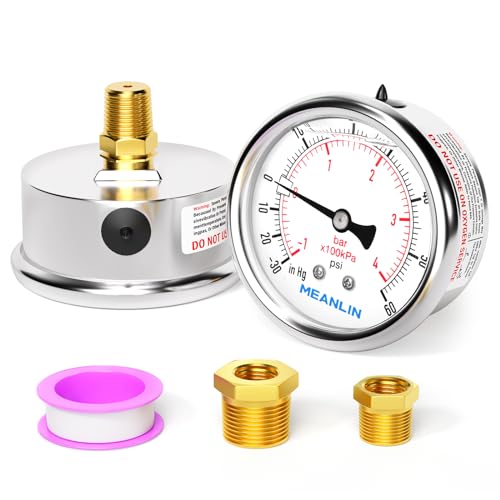 MEANLIN MEASURE -30inHG~60Psi Stainless Steel 1/4" NPT 2.5" FACE DIAL Vacuum Pressure Gauge, Center Back Mount, 1/2" NPT and 3/8" NPT Hex Bushing - size: -30inHG-60Psi