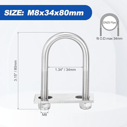 METALLIXITY U Bolts 4Set M8x34x80,Round U Bolt Kits 304 SS U Clamp - color: Silver, size: M8x34x80mm
