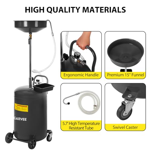 Garvee 20 Gallon Waste Oil Drain Tank, Portable Oil Drain Container, Air Operated Drainer, Fluid Fuel Transfer Drainage, Adjustable Funnel Height with Wheel &15'' Premium Bowl and a Toolbox - size: 20 Gallon- Black