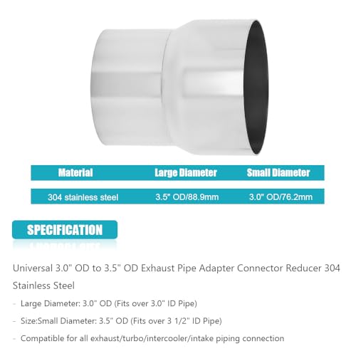 Universal 3" OD to 3.5" OD Exhaust Pipe Adapter Connector Reducer 304 Stainless Steel 3 Inch to 3.5 Inch 3” OD to 3 1/2” OD kit - size: 3" OD to 3.5" OD