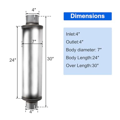 4'' Exhaust Muffler, 4'' inlet/outlet, Universal 30'' Overall Stainless Steel Straight Through Design, Resonator Muffler - size: 7"Body-4"