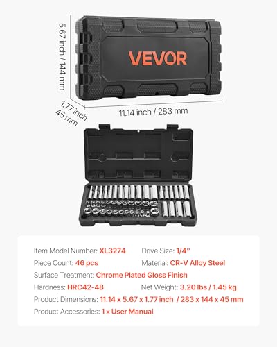 VEVOR Socket Set, 46 Pieces, 1/4 inch Drive Socket Tool Set, SAE and Metric Size, Deep and Standard, Mechanic Tool Kit with Storage Case, Chrome Plated CR-V Alloy Steel, for Automotive Repair - size: 46-PCS