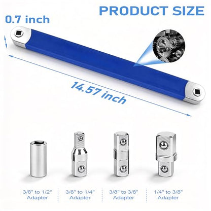 Offset Extension Wrench Impact Ready 3/8" for Tight Spaces, Wrench Extender Tool with 3/8", 1/4", 1/2" Square Drive Adapters and 1/4" Socket (BLUE) - color: Blue