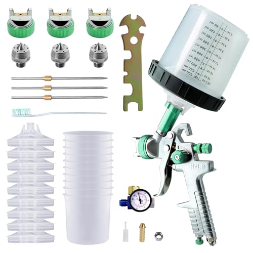 Paint Sprayer with Paint Mixing Quick Cup, HVLP Spray Paint Gun Kit Contain 1.4 1.7 2.0 MM Nozzles 10 Disposable 600ML Cups for Car Furniture Fence Painting (Green) - color: Green