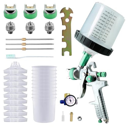 Paint Sprayer with Paint Mixing Quick Cup, HVLP Spray Paint Gun Kit Contain 1.4 1.7 2.0 MM Nozzles 10 Disposable 600ML Cups for Car Furniture Fence Painting (Green) - color: Green
