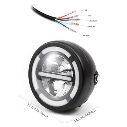 Motorcycle Headlight Assembly, Universal 6.3inch High Low Beam DRL Head Lamp with bracket for Cafe Racer Bobber Chopper