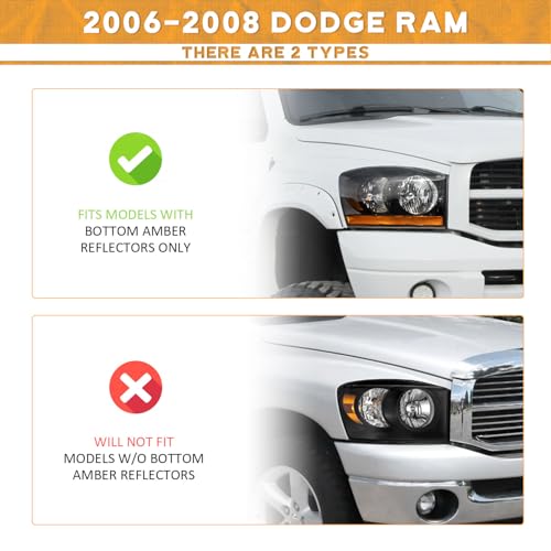 WEELMOTO Black Headlights with Amber Bottom for 2006-2008 Ram 1500-3500 - color: Clear Lens I Black housing I Amber Reflector