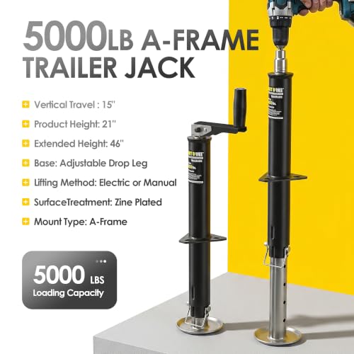 5000lbs A-Frame Trailer Jack,30" Lift 20-24V Cordless Drill Compatible with Adjustable Drop Leg for Utility, Yacht, and Camper Trailers