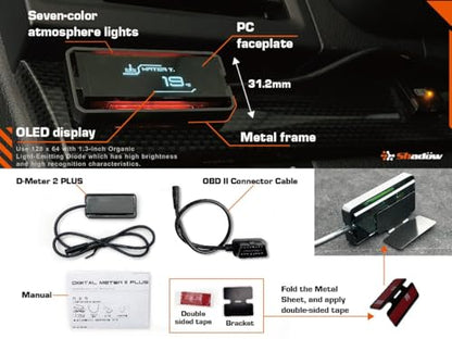 Shadow OBD2 Display D-Meter 2 Plus - Minimalist & Futuristic Multi-Functional Gauge with RGB Accent Light, Sleek Black Frame, DTC Scan & Clear, High-Tech Design for 12V/48V Cars