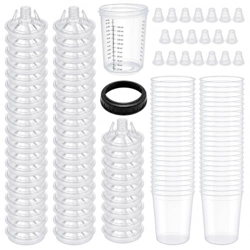 50 Pack Disposable Paint Spray Gun Cup Liners and Lid System 6oz (180ml), 50 Cups Liners, 50 Lids with Strainer, 1 Hard Cup, 20 Plugs