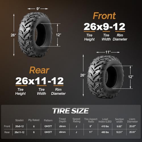 TUFFIOM Set of 4 ATV UTV All-terrain Tires 26x9-12 Front & 26x11-12 Rear, 6 PR, Tubeless - size: 26x9-12 & 26x11-12