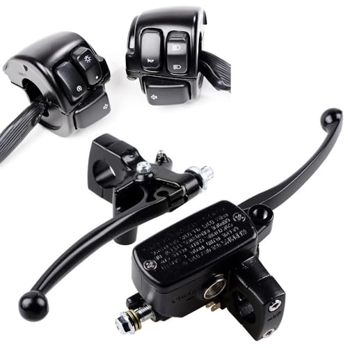 Left Clutch Lever & Right Hydraulic Brake Master Cylinder + Pair 1" Handlebar ON/Off Control Switches + 2PCS Rubber Hand Grips for 1996-2012 Harley Softail Dyna Sportster V-Rod
