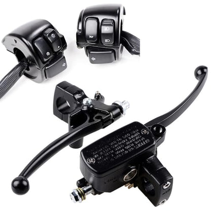 Left Clutch Lever & Right Hydraulic Brake Master Cylinder + Pair 1" Handlebar ON/Off Control Switches + 2PCS Rubber Hand Grips for 1996-2012 Harley Softail Dyna Sportster V-Rod
