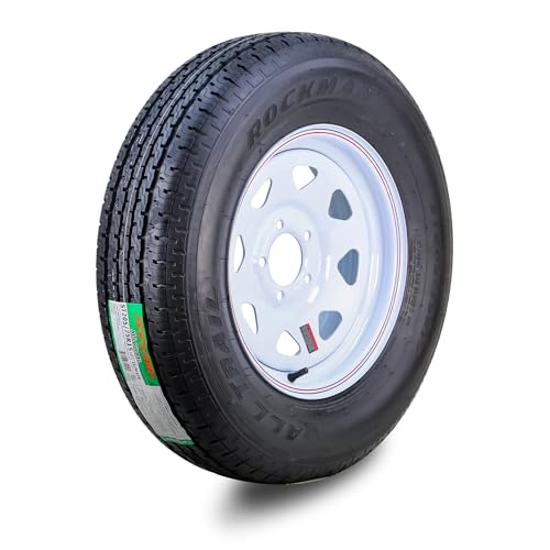 ROCKMAN Trailer Tire & Wheel ST205/75R15 8-Ply D 107M w/5X5 White Spoke Rim - size: ST205/75R15 /5x5