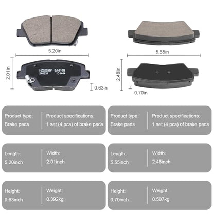 Front & Rear Ceramic Brake Pads Set with Hardware for 2011-2015 Hyundai Sonata & Kia Optima - style: HZ1444+HZ1544