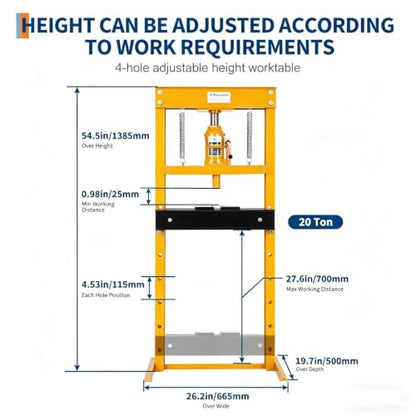 Heavy Duty 20 Ton Hydraulic H-Frame Shop Press, Adjustable Height - color: Yellow | with dust cover | 20T