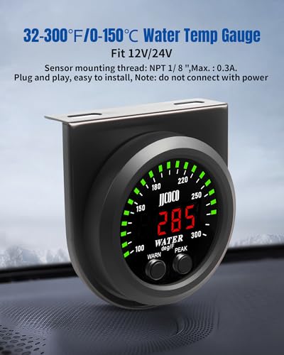 Water Temperature Gauge with 1/8NPT Sensor & Bracket 300°F Digital LED Display Water Coolant Temperature Gauge for Cars Trucks Ships Vehicle Automotive Boat Marine 2”/52mm - color: Green+Red
