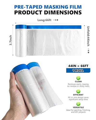 Pre-taped Automotive Masking Film for Painting - 44" x 66' (1 Roll) - color: White, size: 1 Roll of 44" x 66'