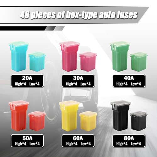 48PCS Tall & Low Profile Jcase Fuse Assortment Kit,Box Shaped Car Fuses Assortment Kit Includes 20A 30A 40A 50A 60A 80A,Professional Automotive Fuses Assortments Kits