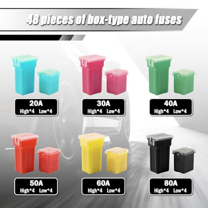 48PCS Tall & Low Profile Jcase Fuse Assortment Kit,Box Shaped Car Fuses Assortment Kit Includes 20A 30A 40A 50A 60A 80A,Professional Automotive Fuses Assortments Kits