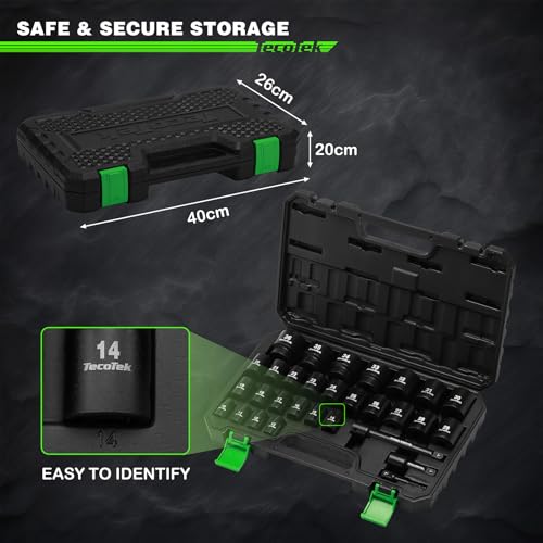 TecoTek 30 Pieces 1/2-Inch Drive Shallow Metric Impact Socket Set, Cr-Mo, 10mm to 36mm, No Skipped Sizes, 6 Point, Includes Extension Bars, Drill Socket Adapter 1/2" - style: 1/2" Dr. 30pcs Shallow Impact Socket