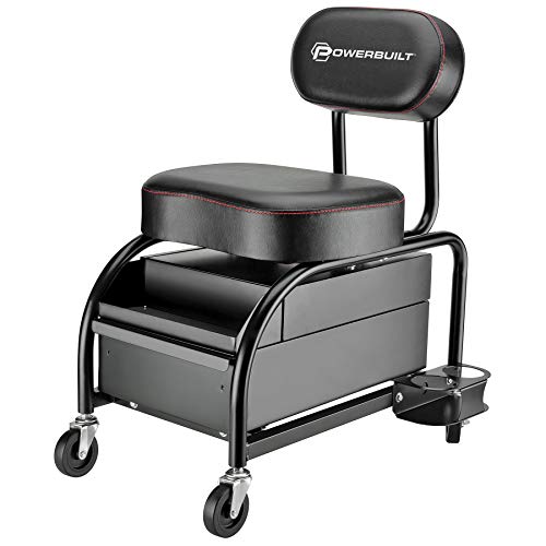 Powerbuilt Professional Car Detailers Mechanics Roller Seat, Heavy Duty Garage Stool with Thick Padded Seat and Backrest, 2 Sliding Storage Drawers, Tool Tray, Can Holders, 3in. Swivel Casters–240299 - size: 2 Sliding Storage Drawers