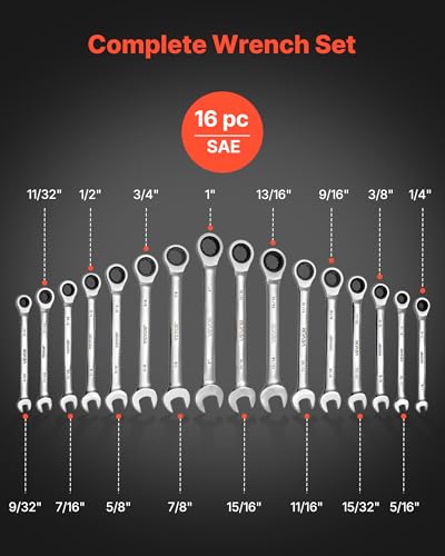 VEVOR Combination Wrench Set, 16-Piece SAE Sizes, 72 Teeth, Cr-V Steel Ratcheting Wrench Set, with Roll Up Pouch, Open End, Clear Size Labels, for General Household and Automotive Repairs, Silver - size: 16PCS