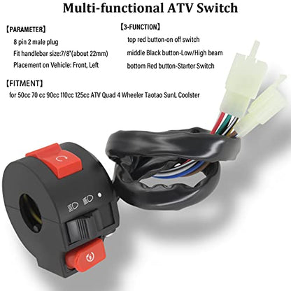 4 Wires Ignition Switch Key with Cap+3 Function Left Starter Switch Assembly for 50cc 70 cc 90cc 110 cc 125cc 150cc TaoTao SUNL Chinese ATV Quad 4 Wheeler 125cc Apollo Dirt Bike Scooter Parts