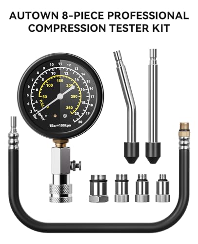 AUTOWN Professional Compression Tester Kit, 300 PSI Triple-Scale Gauge with 8-Piece Set & Portable Gray Case for Car, Truck, ATV & Small Gas Engines Diagnosis