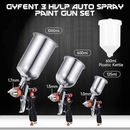 Spray Paint Gun Set, 3 HVLP Air Paint Spray Guns, 4 Nozzles, 4 Cups