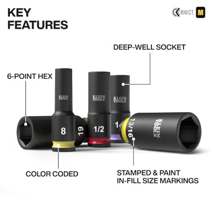 Klein Tools 65121IMPCT KNECT Deep-Well 3/8-Inch Drive Impact Socket Set, SAE and Metric, 23-Piece Tool Set, Impact Driver Adapter, Multi-Purpose Wrench Adapter, Color-Coded, MODbox Socket Organizer - style: 23-Piece Metric & SAE Set
