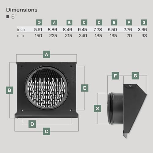 Vent Systems 6" Inch Exhaust Vent Cover with Rubber Gasket - Graphite Black Galvanized Steel - Robust Weatherproof Outdoor Air Exhaust Box - Duct or Surface Mounting - Rain and Snow Protection - color: Graphite Black, size: ø6" Inch - Exhaust
