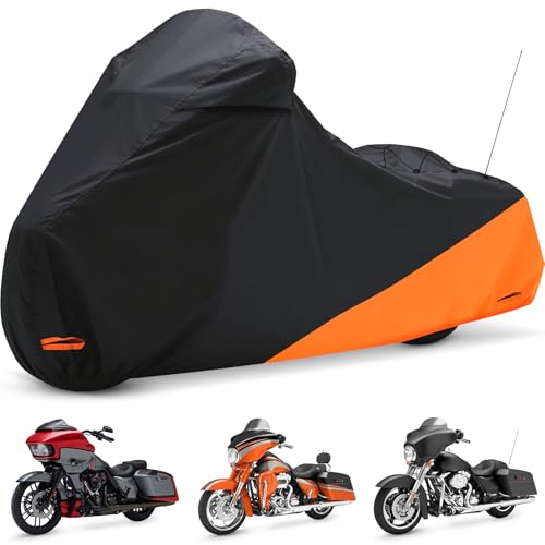 Waterproof Motorcycle Cover for Touring Models Made for Harley Davidson Road King Road Glide Street Glide Electra Glide Low Rider-ST Indoor & Outdoor All Weather Protection (Black & Orange)