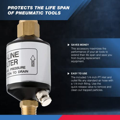 NEIKO 30253A Water and Oil Separator for Air Line | 1/4" NPT Inlet and Outlet | 150 PSI | Air Compressor and Air Tool Accessory | Protect Lifespan of Pneumatic Tools | Optimize Performance, Black - size: 150 PSI