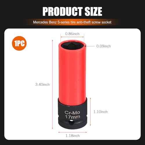 Downhill Car Lug Nut Socket, 0.66"/17mm 1/2" Drive Lug Nut Protective Socket, Anti-theft Screw Removal and Installation Socket Tool, Compatible with Mercedes Benz S/C/A/B Class (Red and Black)