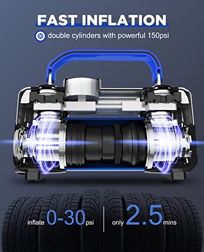 UUP Portable 12V Air Compressor, 150 PSI Tire Inflator with Dual Cylinders - color: Blue1