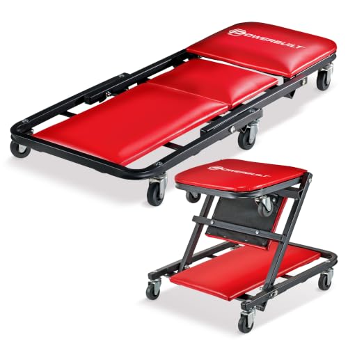 Powerbuilt 36 in. ZAG 2-in-1 Floor Creeper and Rolling Seat – Convertible Design with Padded Headrest, Durable Steel Frame, and Six 2 in. Casters for Easy Maneuvering – 620513