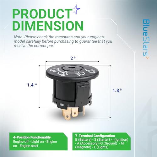 BlueStars 532175566 GY20074 Ignition Switch with Key 4-Position 7-Terminal - for Husqvarna Craftsman Dixon Cub Cadet John Deere L105 L100 L110 E100 D100 LA100 Lawn Mower 175566 175442 163968 925-1741 - size: 532175566 - 7 Terminals
