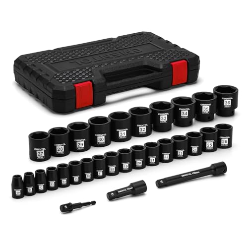 EMENTOL 30PCS 1/2" Drive Shallow Impact Socket Set, Metric, 10mm - 36mm, CR-MO, 6 Point, Includes 3-inch and 6-inch Imapct Extension Bars, 1/4"-1/2" Drill Adapter - size: 1/2" Drive (10-36mm), Shallow