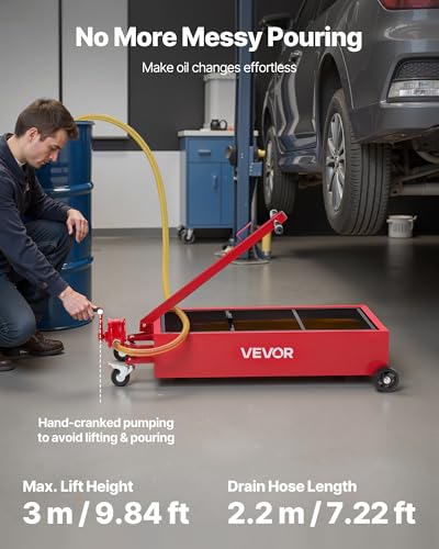 VEVOR Low Profile Oil Drain Pan, 20 Gallon Capacity, Rolling Oil Drain Pan with Manual Pump, 7.2 ft Hose & T Folding Handle, Leak-Proof & Corrosion-Resistant, Fit for Cars, SUVs, Trucks, ATVs, Red - size: 49.21 x 23.62 x 25.98 in