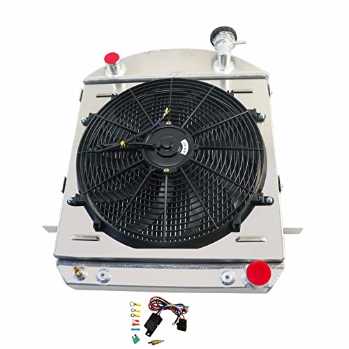 4 Row Aluminum Radiator + Shroud Fan + Relay Compatible with 1917-1927 Ford Model T Bucket Chevy V8 Engine