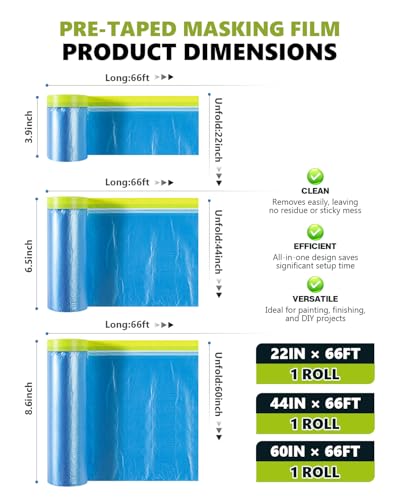 Pre-taped Automotive Masking Film for Painting - 3 Rolls Mixed Size - color: Blue, size: 3 Rolls (22"x 66'|44"x 66'| 60"x 66')