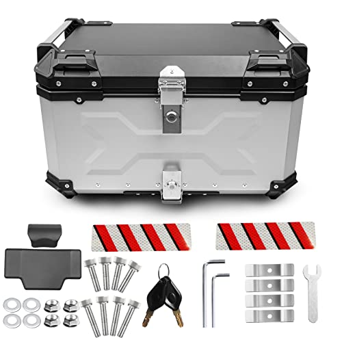Universal Motorcycle Top Case,65L Motorbike Tail Box Trunk Tour Storage Carrier Case with Backrest, Security Lock and Handle for Helmet Luggage,Sliver - color: Silver, size: 65L