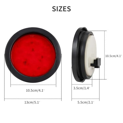 2PCS 4" Round Red LED Trailer Tail Lights - 12 Diodes 3-in-1 Stop/Brake/Turn Lights w/Surface Mount Grommets & 3-Prong Pigtails for Truck Trailer RV Jeep Boat - color: red