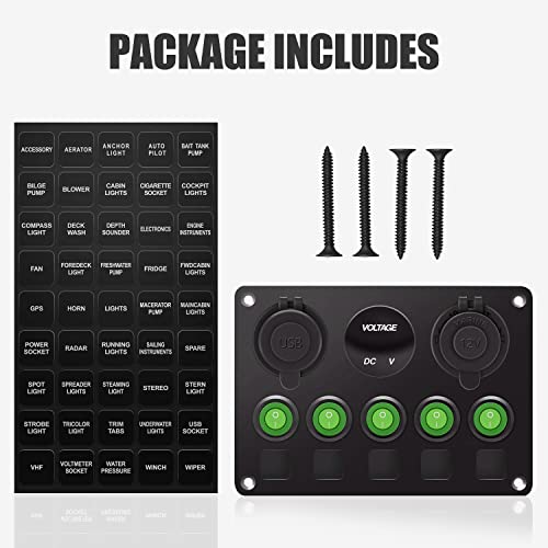 FXC 5 Gang Rocker Switch Panel with Dual USB Slot Socket 5V 4.2A + Cigarette Lighter + Voltmeter for Marine Boat Car Rv Vehicles Truck 12-24V Waterproof Blue LED (5B Green) - color: Green