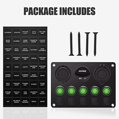 FXC 5 Gang Rocker Switch Panel with Dual USB Slot Socket 5V 4.2A + Cigarette Lighter + Voltmeter for Marine Boat Car Rv Vehicles Truck 12-24V Waterproof Blue LED (5B Green) - color: Green