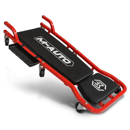 M-AUTO Heavy-Duty Automotive Creeper with 3-leves Adjustable Headrest, 42.5" Padded Metal Frame Creeper with Tools Tray for Garage Shop, 6 Noiseless Casters 300LBS Capacity, Red