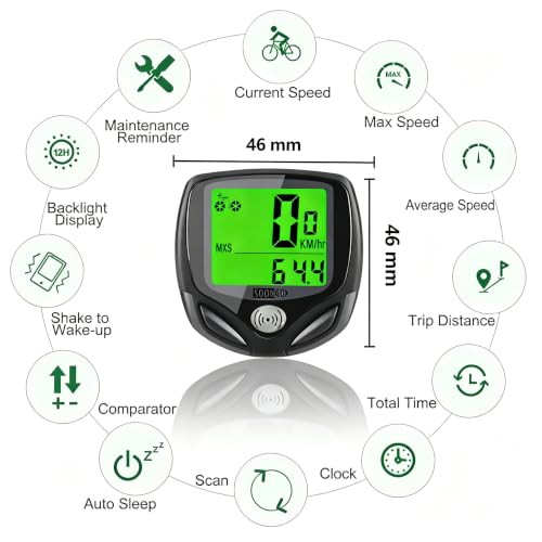 SOON GO Wireless Waterproof Bike Computer, Bicycle Speedometer Odometer with Large LCD Green Backlight, Auto Sleep & Wake-Up, Accurate Multi-Function Speed Tracker for Mountain, Road & Folding Bikes